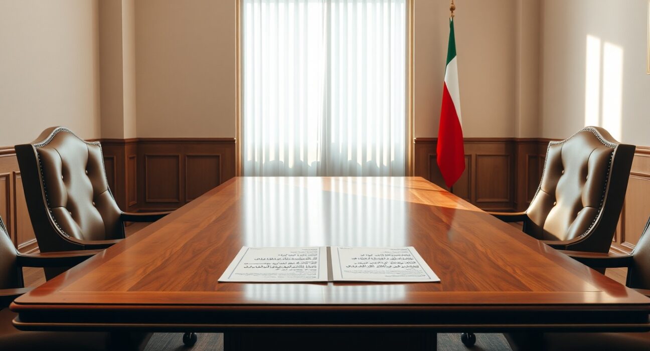 Empty diplomatic meeting room with document on table representing US-Iran nuclear negotiations
