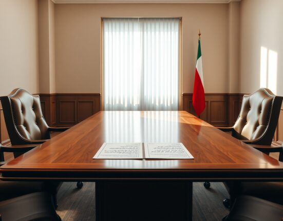 Empty diplomatic meeting room with document on table representing US-Iran nuclear negotiations