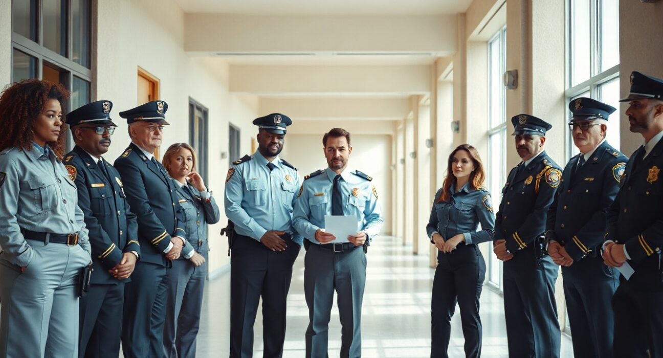 Black law enforcement executives in discussion in a government building hallway, representing NOBLE's endorsement of the CLARITY Act