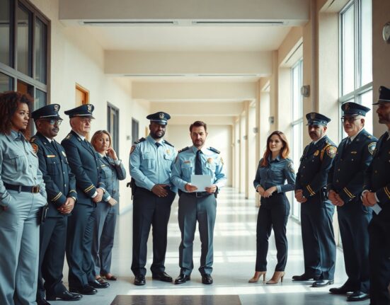 Black law enforcement executives in discussion in a government building hallway, representing NOBLE's endorsement of the CLARITY Act
