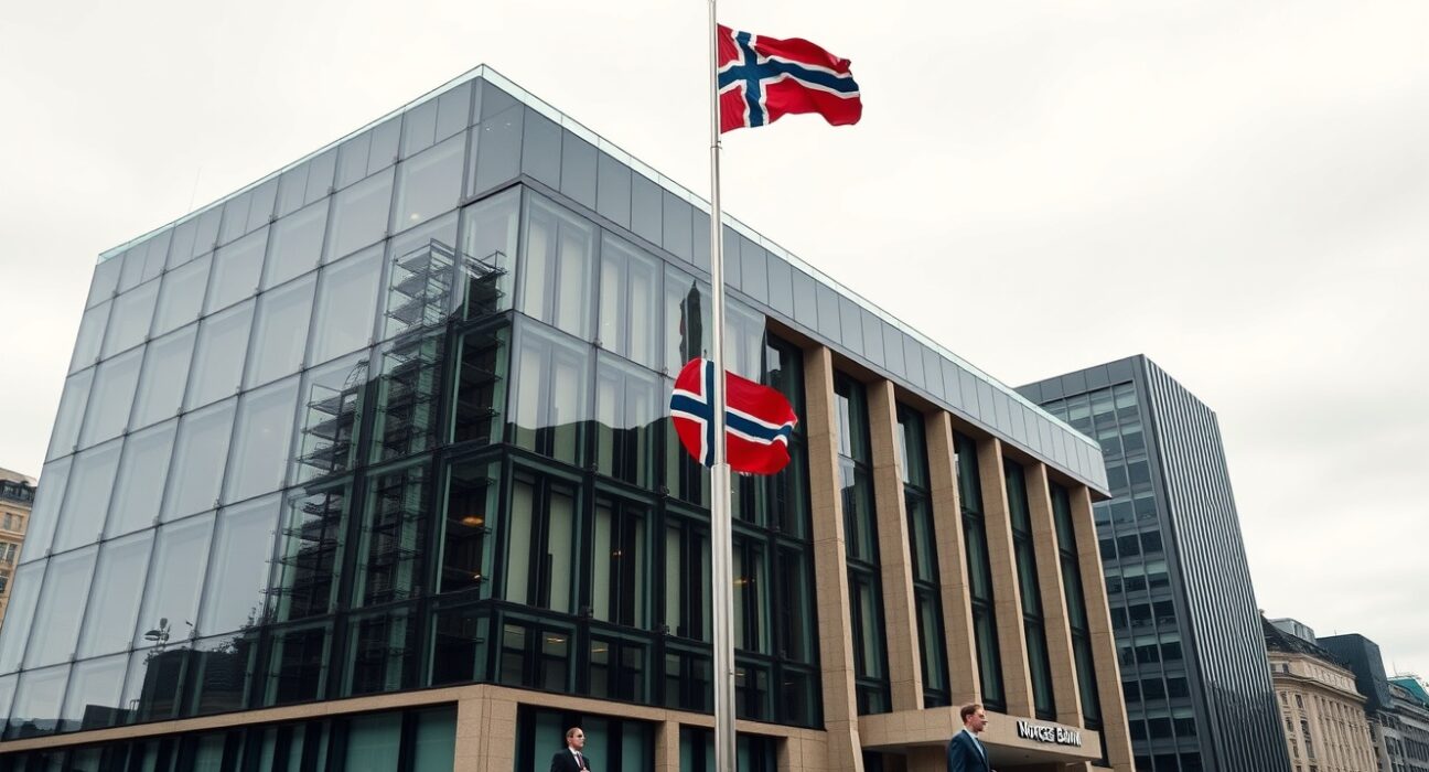 Norges Bank headquarters in Oslo facing inflation policy challenges affecting the Norwegian krone (NOK).