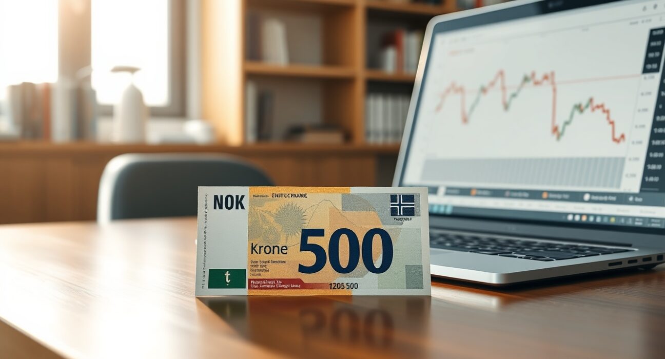 Norwegian krone banknote with financial chart showing analysis of temporary currency strength.