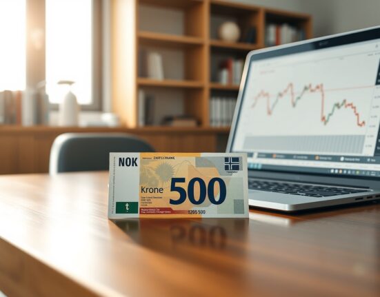 Norwegian krone banknote with financial chart showing analysis of temporary currency strength.