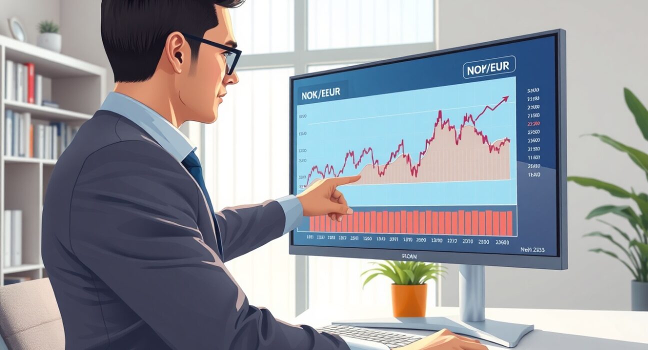 Financial analyst examines NOK exchange rate chart in Commerzbank policy analysis