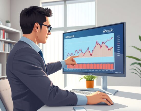 Financial analyst examines NOK exchange rate chart in Commerzbank policy analysis