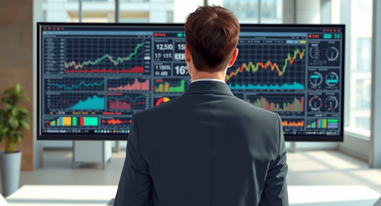 Financial analyst reviewing NOK interest rate charts and Danske Bank forecasts in professional office setting