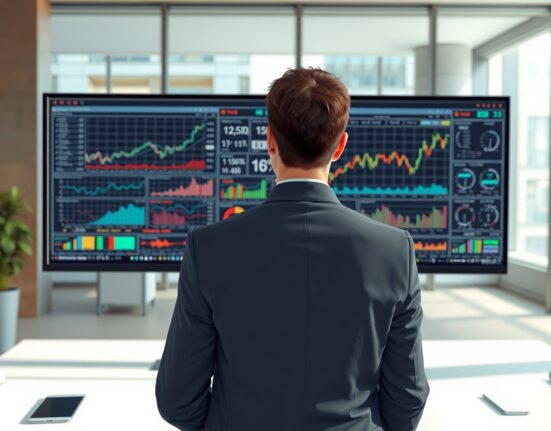 Financial analyst reviewing NOK interest rate charts and Danske Bank forecasts in professional office setting