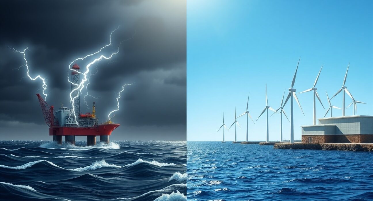 NOK/SEK currency chart overlaid on split scene of North Sea oil platform and Swedish wind farm, illustrating energy-driven divergence