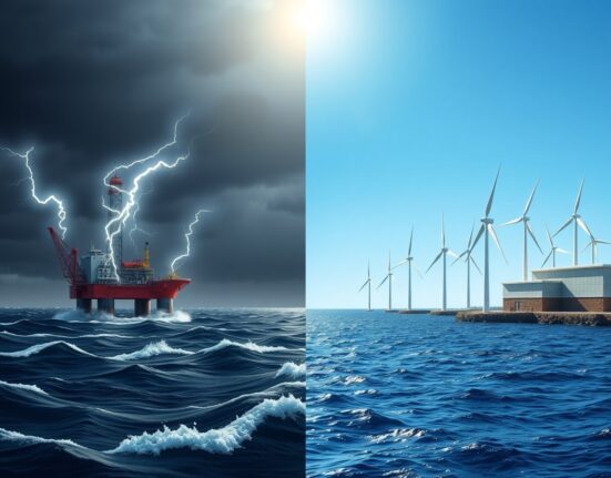 NOK/SEK currency chart overlaid on split scene of North Sea oil platform and Swedish wind farm, illustrating energy-driven divergence