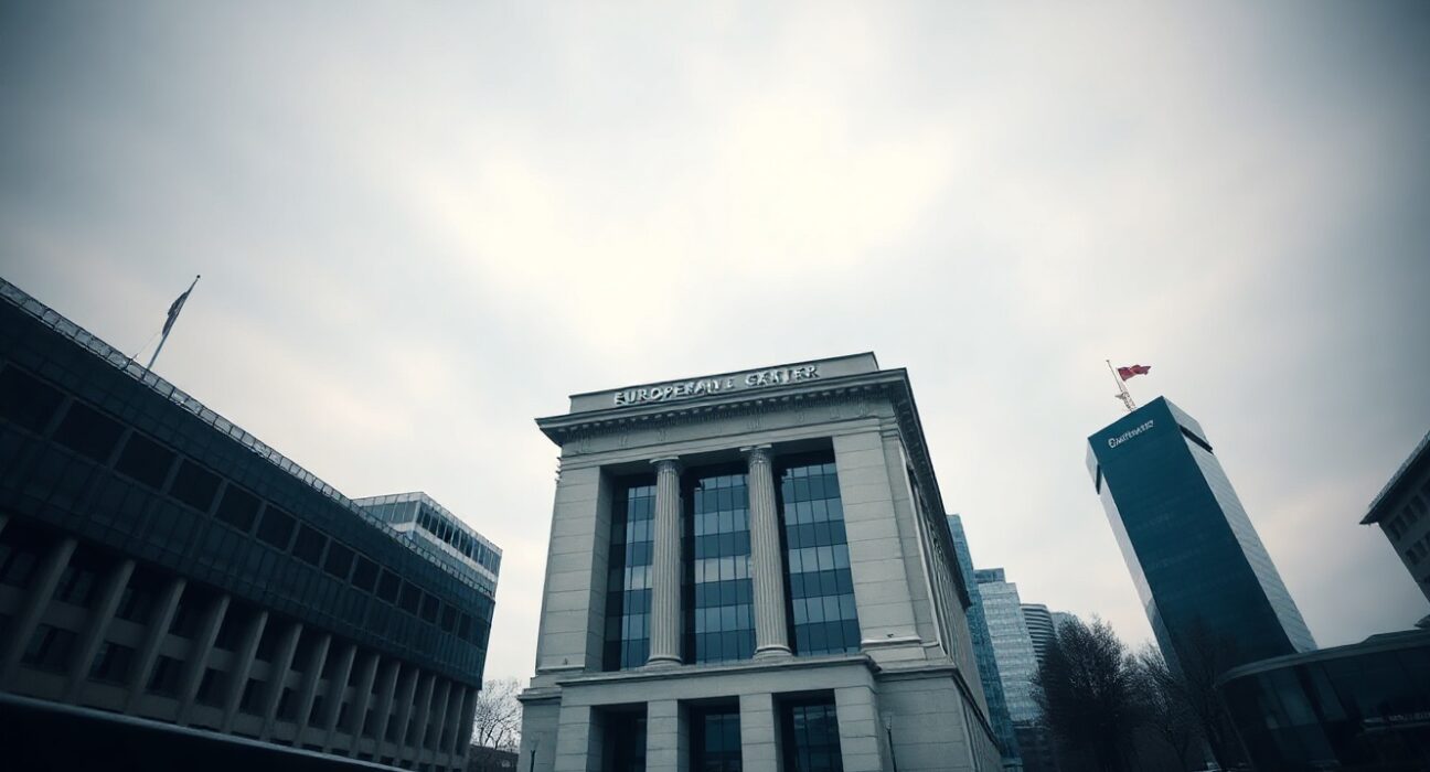 European Central Bank headquarters in Frankfurt on a cloudy day, representing euro area economic outlook