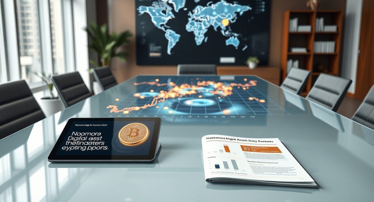 Financial office scene analyzing institutional crypto investment data and stablecoin growth charts from Nomura report.