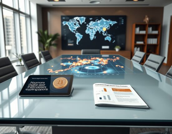 Financial office scene analyzing institutional crypto investment data and stablecoin growth charts from Nomura report.