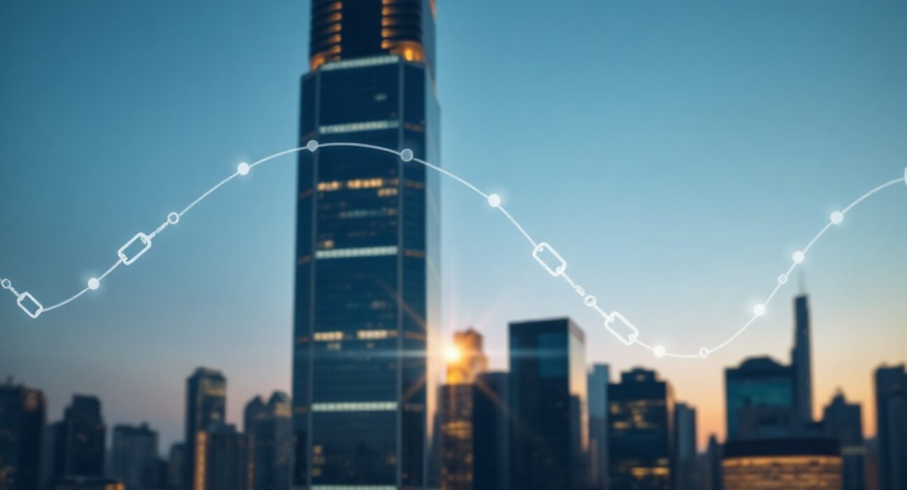 Financial district skyline with digital network overlays representing blockchain investment