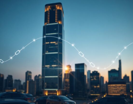 Financial district skyline with digital network overlays representing blockchain investment