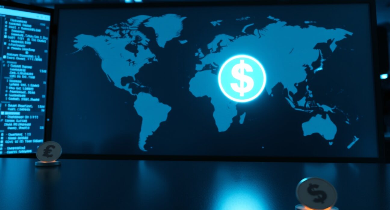 Digital display showing a large glowing US dollar coin icon with smaller euro and yen icons, representing stablecoin market dominance.