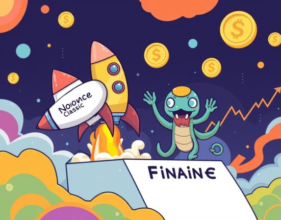 Cartoon illustration of a successful investment exit following the Kraken acquisition, showing growth and transition in crypto finance.