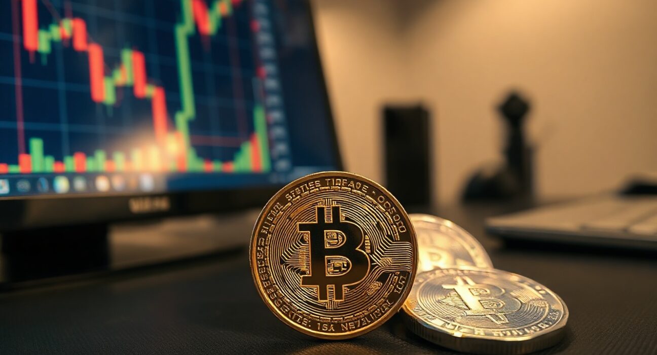 Gold and silver coins on a desk with a financial chart in the background