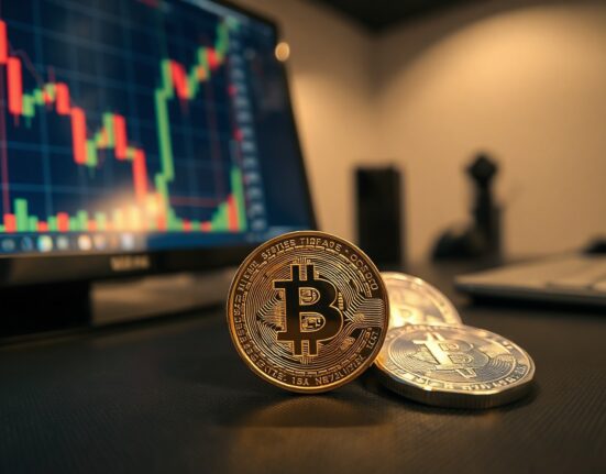 Gold and silver coins on a desk with a financial chart in the background