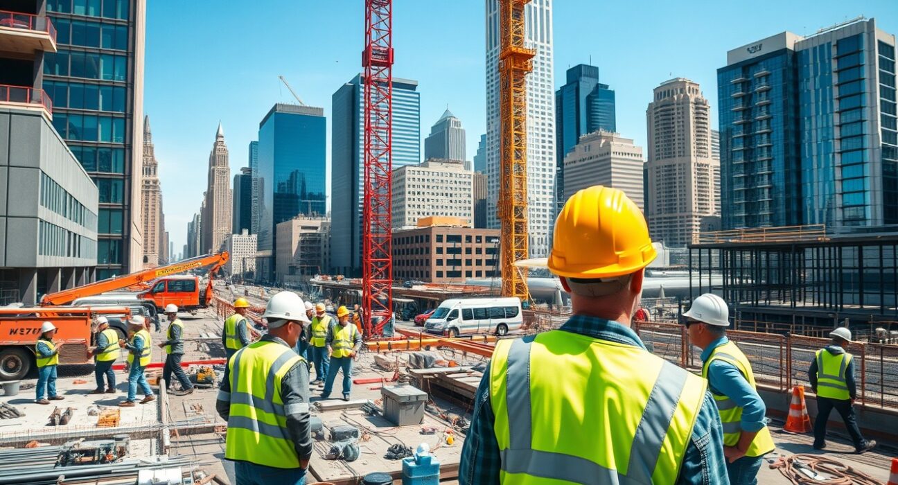 Construction workers on a busy job site under clear skies, representing US labor market activity.