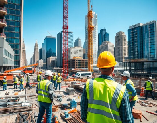 Construction workers on a busy job site under clear skies, representing US labor market activity.