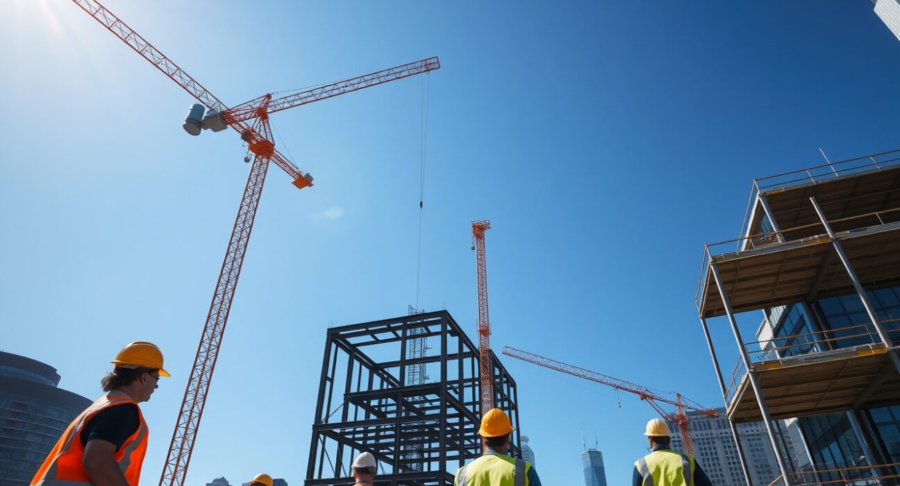 Construction workers building a steel structure under a clear blue sky, representing a strong US labor market.