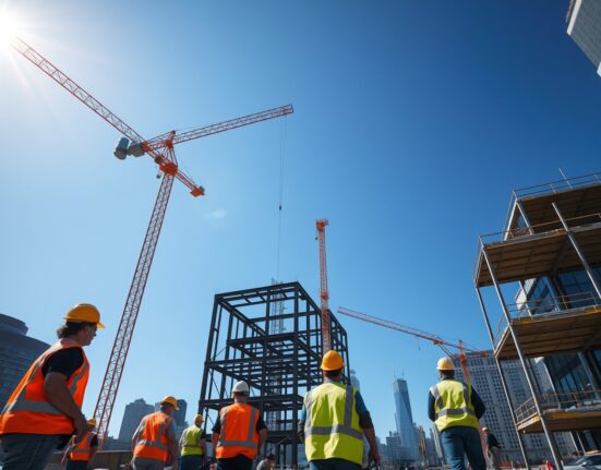 Construction workers building a steel structure under a clear blue sky, representing a strong US labor market.