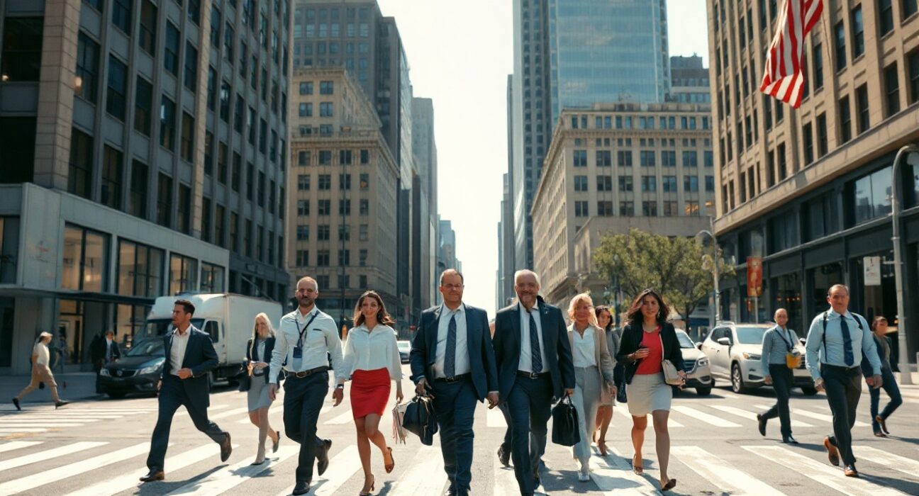 Busy city street with professionals walking, representing US labor market activity
