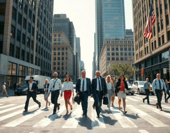 Busy city street with professionals walking, representing US labor market activity