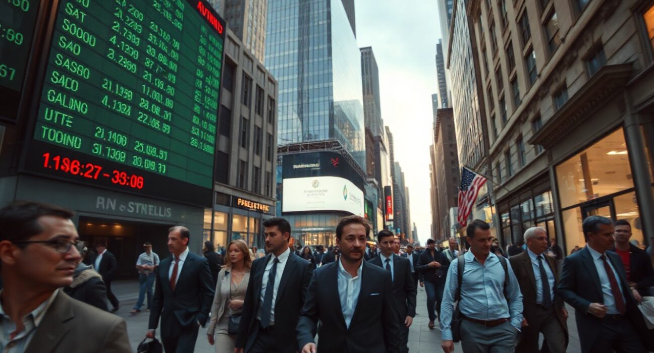 Commuters in a US financial district walking past a stock ticker before the Nonfarm Payrolls report