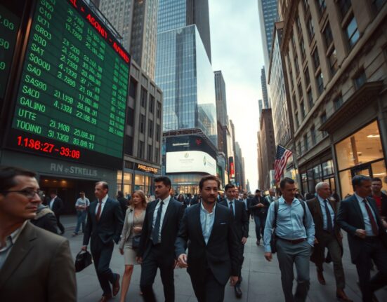 Commuters in a US financial district walking past a stock ticker before the Nonfarm Payrolls report