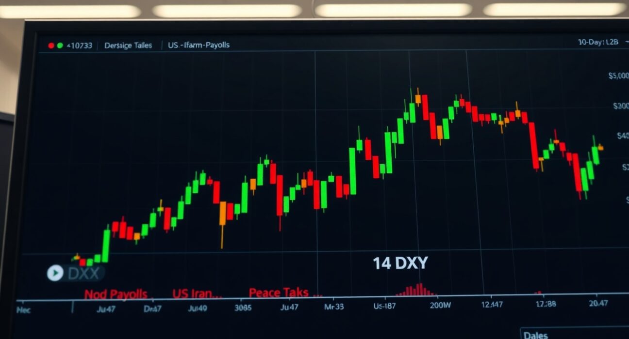 DXY chart showing two-week lows with Nonfarm Payrolls and US-Iran peace talks in focus