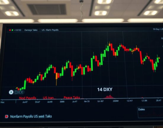 DXY chart showing two-week lows with Nonfarm Payrolls and US-Iran peace talks in focus
