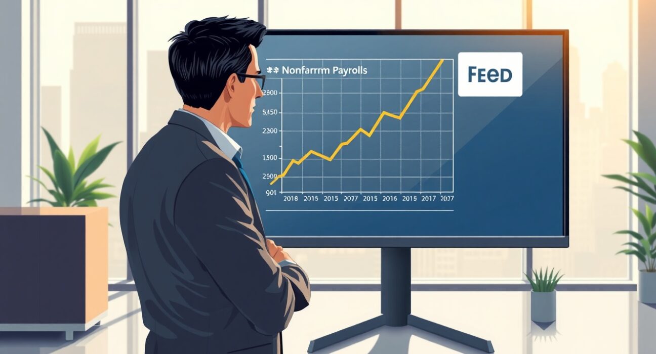 Financial analyst studying Nonfarm Payrolls chart on a digital screen in a modern office.