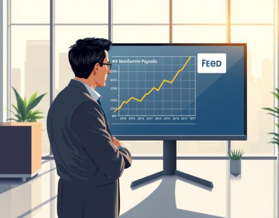 Financial analyst studying Nonfarm Payrolls chart on a digital screen in a modern office.