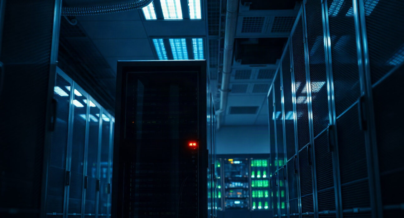 Server room with one rack powered down, symbolizing NoOnes platform shutdown after EU sanctions.