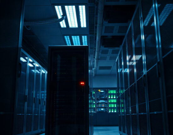Server room with one rack powered down, symbolizing NoOnes platform shutdown after EU sanctions.