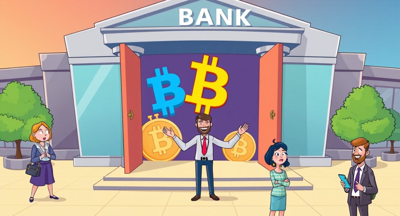 Cartoon showing a bank opening its doors to embrace Bitcoin ETP, symbolizing institutional crypto adoption.