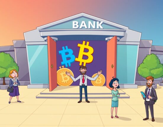 Cartoon showing a bank opening its doors to embrace Bitcoin ETP, symbolizing institutional crypto adoption.