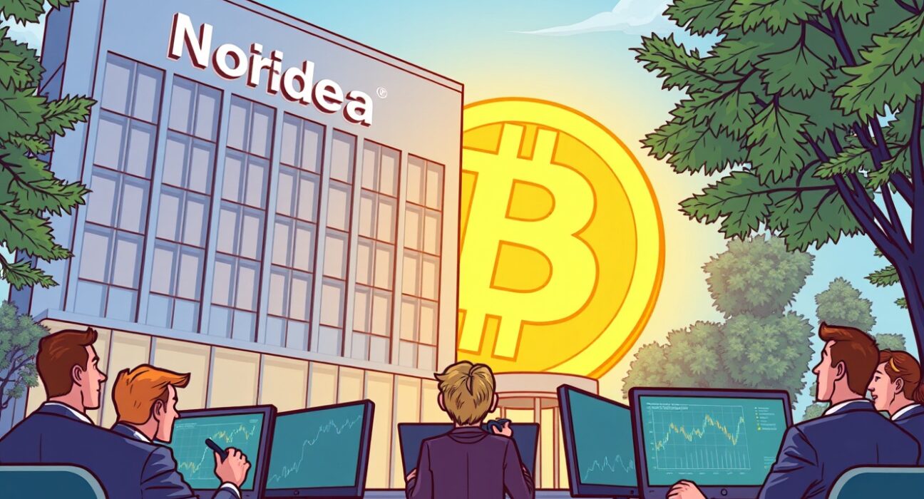 A cartoon illustration depicting Nordea's embrace of Bitcoin ETP trading, symbolizing traditional finance adopting digital assets.