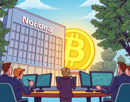 A cartoon illustration depicting Nordea's embrace of Bitcoin ETP trading, symbolizing traditional finance adopting digital assets.