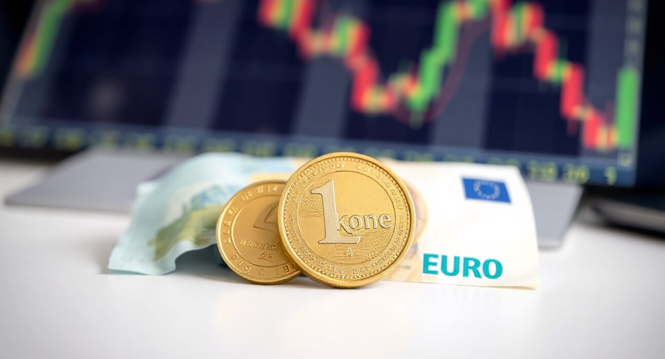 Norwegian krone coins and euro banknotes on a desk, representing the EUR/NOK exchange rate forecast.
