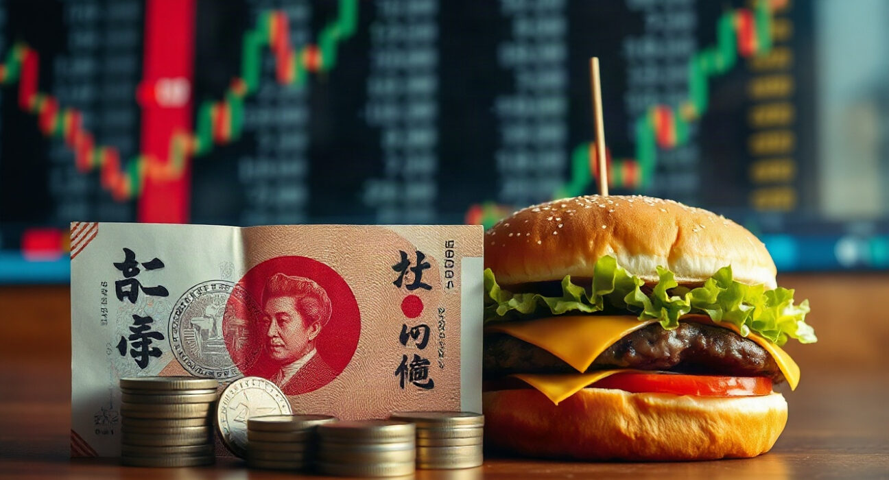 Japanese yen banknotes and coins beside a hamburger, symbolizing currency weakness and purchasing power.