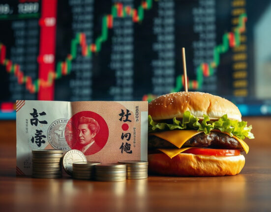Japanese yen banknotes and coins beside a hamburger, symbolizing currency weakness and purchasing power.