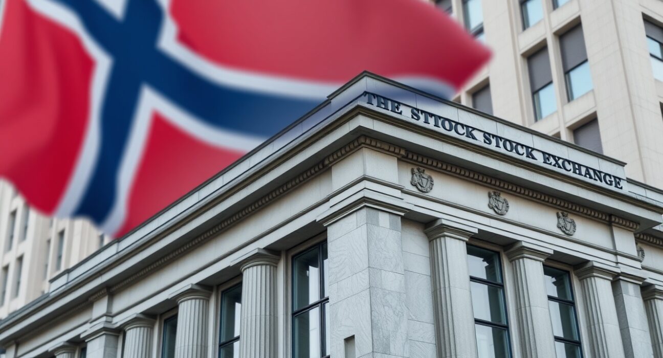 Norges Bank building in Oslo, Norway, with Norwegian flag, representing central bank policy.