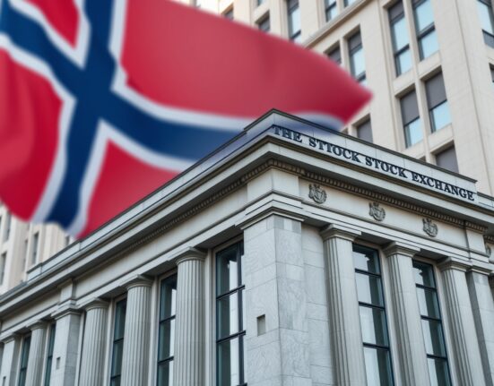 Norges Bank building in Oslo, Norway, with Norwegian flag, representing central bank policy.