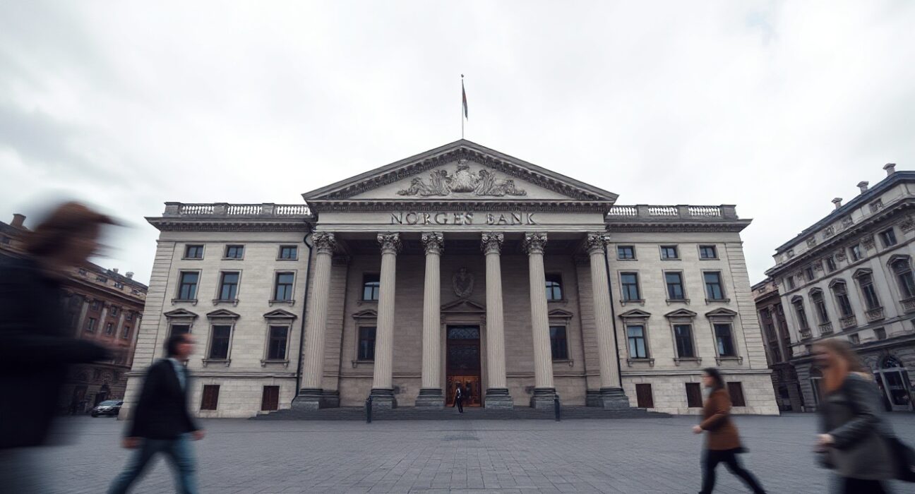 The Norges Bank headquarters building in Oslo, Norway, on a cloudy day.