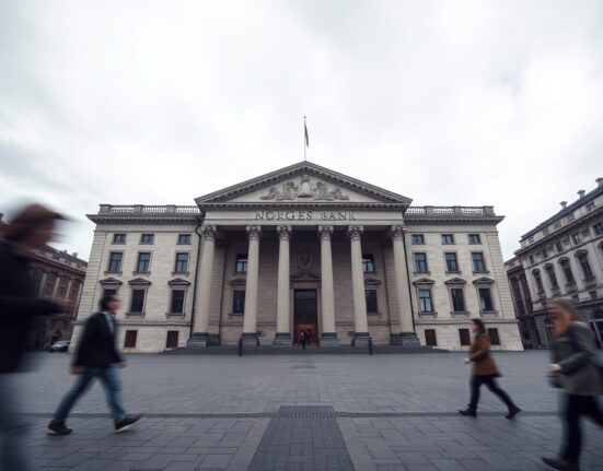 The Norges Bank headquarters building in Oslo, Norway, on a cloudy day.