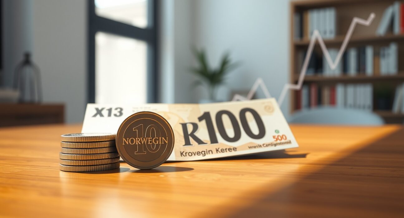 Norwegian krone coins and banknotes on a desk with a downward-trending graph, representing BNY analysis of Norges Bank flows capping NOK upside.