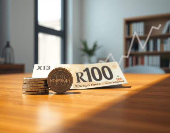 Norwegian krone coins and banknotes on a desk with a downward-trending graph, representing BNY analysis of Norges Bank flows capping NOK upside.