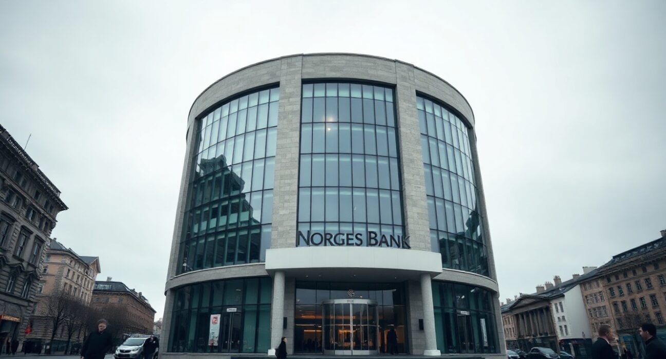 Norges Bank building in Oslo on an overcast day, symbolizing central bank policy